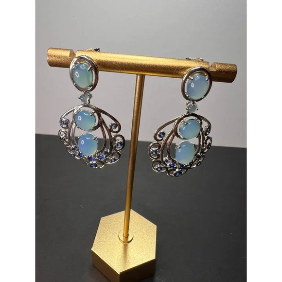 LAB CREATED BLUE SPINEL AND BLUE CHALCEDONY RHODIUM OVER SILVER EARRINGS - Picture 4 of 11